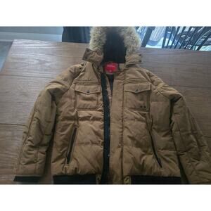 GUESS Men’s Brown Hooded Puffer Jacket with Faux Fur Trim – Size L